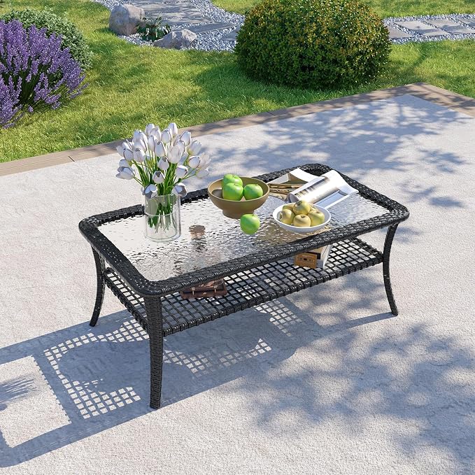 LazySunsets Outdoor Coffee Table with Storage Wicker Patio Coffee Table, Tempered Glass Top Table for Patio Outside Balcony Porch Deck, Black