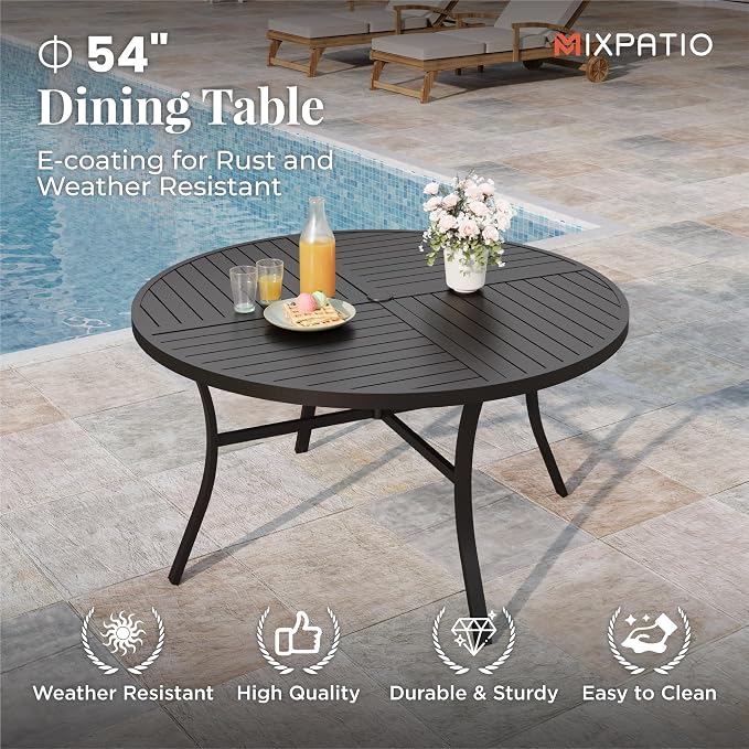 MIXPATIO 7 Pieces Outdoor Table and Chairs, Patio Dining Set for 6, 54" Round Metal Table and 6 Brown Chairs, Outdoor Dining Furniture Set for Lawn Backyard Deck