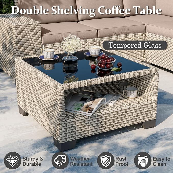 7-Piece Outdoor Patio Furniture Set with Fire Pit, Modular Sectional Sofa Set with Glass Coffee Table and Cushions, Wicker Outdoor Couch Conversation Sets, Khaki
