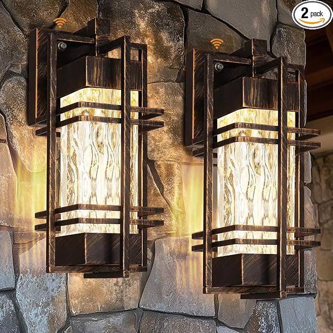 WIHTU 15'' Dusk to Dawn Outdoor Wall Lantern, Porch Light, Gold-Swept Black | Rustproof Metal Frame, Water Ripple Glass, T30 Bulb Included, E26 Bulb,2700K Warm Light, Patio Light for Front Door
