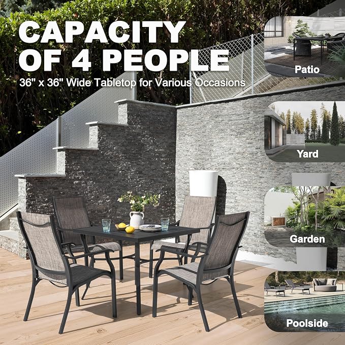 NUU GARDEN Outdoor Dining Table 36" Square Patio Dining Table with Aluminum Tabletop and 1.60" Umbrella Hole, Large Garden Patio Table for 4 People, Black