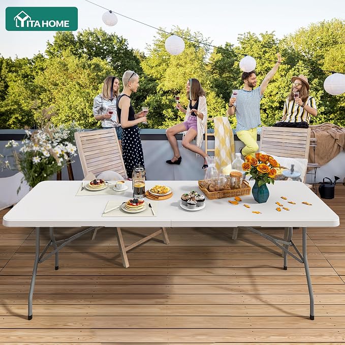 YITAHOME 8FT Folding Tables, Heavy Duty White Folding Table with Carrying Handle, Plastic Fold up Table for Outdoor Camping Picnic Parties/Indoor Events, White