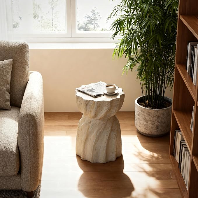 Cement Outdoor SideTables for Patio, Garden Accent Table Faux Terrazzo End Table, Modern Small Round Side Tablefor Outside, Tree Stump Garden Stool DrumTable Indoor and Outdoor 13.78"*18.90" Beiga