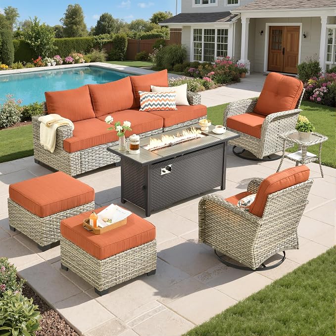 Wicker Patio Furniture Set with Fire Pit Table,9 Pieces Outdoor Sectional with Swivel Chairs Ottoman,Out Door Furniture Conversation Set,Orange Red
