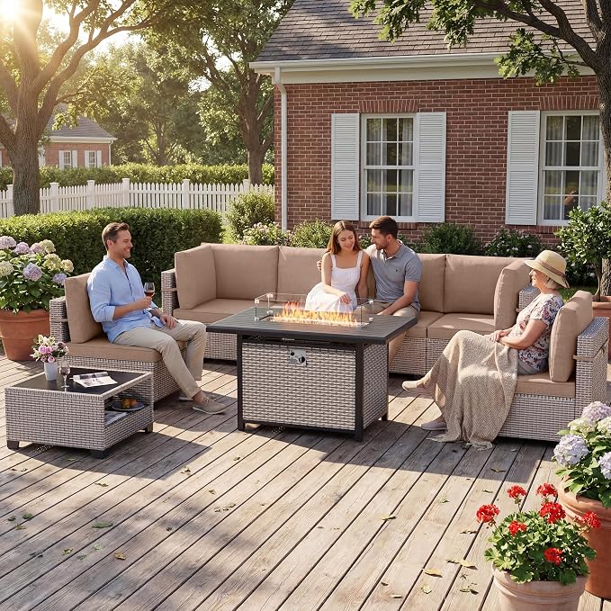 Patio Furniture Set, 8-Piece Outdoor Sectional Sofa with 60,000 BTU Fire Pit Table & 2-Layer Glass Coffee Table, Wicker Patio Conversation Set with Khaki Cushions