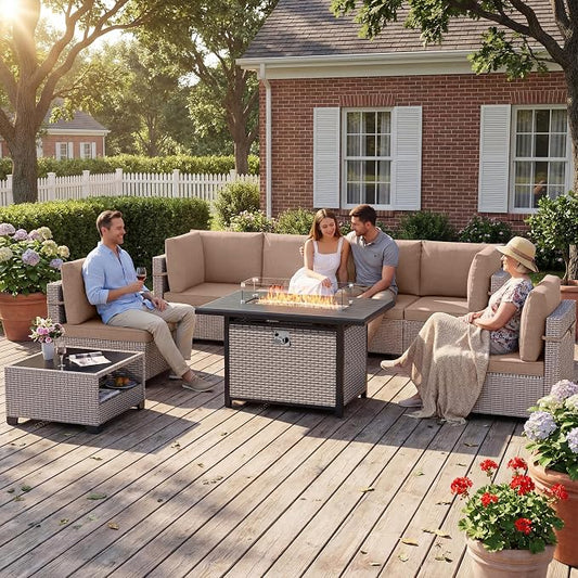 Patio Furniture Set, 8-Piece Outdoor Sectional Sofa with 60,000 BTU Fire Pit Table & 2-Layer Glass Coffee Table, Wicker Patio Conversation Set with Khaki Cushions