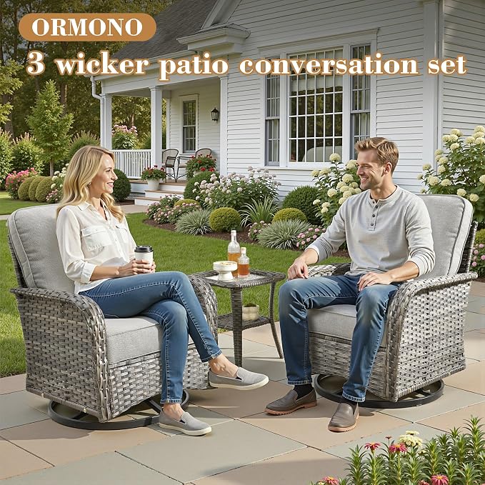 3 Pieces Patio Furniture Set, High Back Outdoor Swivel Rocker Chairs, Wicker Outdoor Furniture with Swivel Rocking Chairs and Side Table for Porch, Backyard, Balcony, Dark Grey