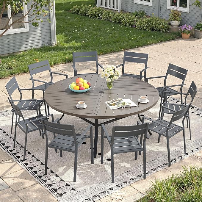 Patio Dining Set for 10, Round 63.1" Patio Dining Table and Stackable Outdoor Dining Chairs Outdoor Furniture for Backyard Porch Deck, Spliced Grey Table and Grey Chairs