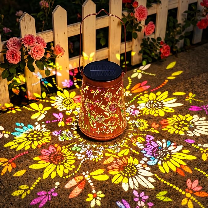 Sunflower Solar Lanterns Outdoor Waterproof Solar Lights | Sunflowers & Dragonfly, Metal Hanging Lantern for Patio, Pathway, Yard, Garden Decor Gifts for Mom Women & Grandma 1 Pack