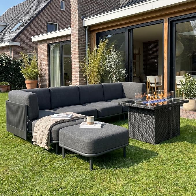 LayinSun 7 Pieces Patio Furniture Set with Fire Pit Table, Modern Outdoor Modular Sectional Conversation Set L-Shaped Sofa with 7-inch Cushion for Garden Backyard Deck