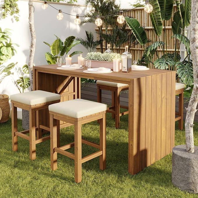 5 Piece Outdoor Bar Set, Patio Acacia Wood Bar Height Table & Four Stools with Cushions, Wood Dining Bar Set for Backyard, Poolside, Balcony