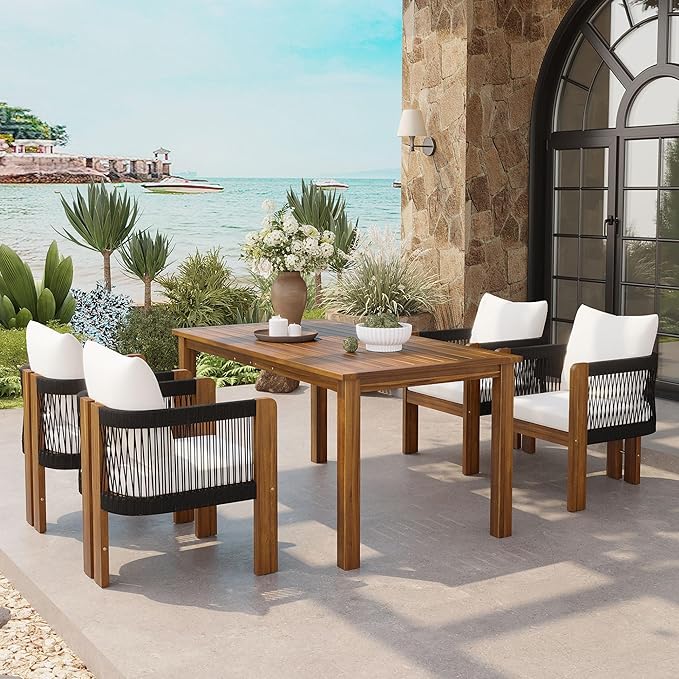 5-Piece Outdoor Patio Dining Set for 4, Solid Acacia Wood Table with Rope Woven Chairs, Farmhouse Style for Garden Backyard Poolside (Black,Brown)