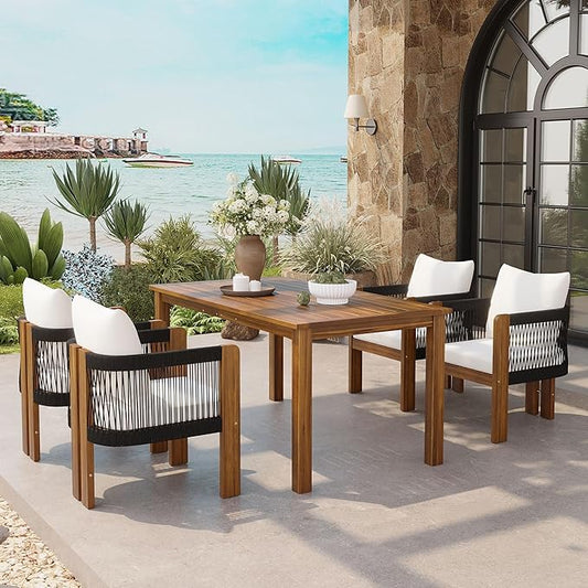 Merax Luxury 5-Piece Outdoor Patio Dining Set for 4, Solid Acacia Wood Dinning Set with Rope Woven Chairs,Farmhouse Dining Furniture Set for Garden, Backyard, Poolside, Brown+Black