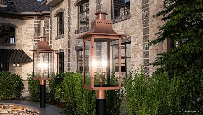 Luxury Antique Outdoor Post/Pier Light, Large Size: 26" H x 12" W, with French Country Style Elements, Rustic Copper Finish, UQL1410, Longview Collection