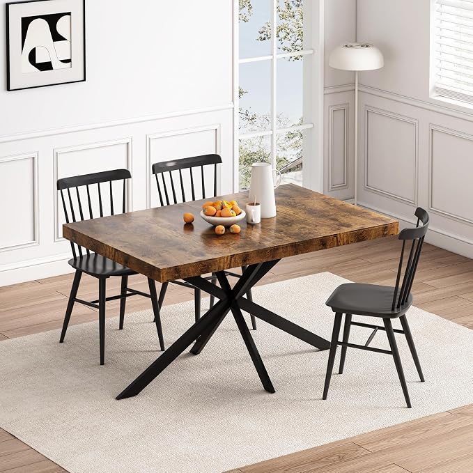 55.11" -70.86" Extendable Dining Room Table, Retro Folding Dining Tables for 4-6 People with Antique Wood Top/Black Fine Sand Cross Iron Foot Base/Storage Box, Black Brown