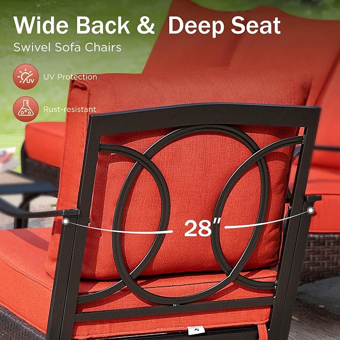 PHI VILLA Outdoor Modern Patio Furniture Set, Upgraded Wicker & Metal Patio Conversation Set with Waterproof Thick Cushions for Porch, Poolside, Yard (5 Pieces,Red)