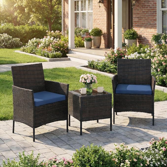 PeakPursuit 3 Pieces Patio Furniture Set, PE Rattan Wicker Patio Set with Soft Cushion and Glass Coffee Table, Upgraded Outdoor Patio Chairs and Table for Garden Poolside Balcony, Blue