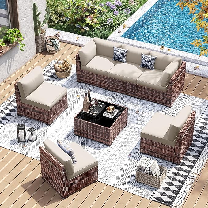 UDPATIO Patio Furniture Set, 7 Pieces Outdoor Sectional Sofa with 105°Slanted Back, Modular Rattan Conversation Set for Poolside, Backyard, Deck, with Coffee Table, Khaki