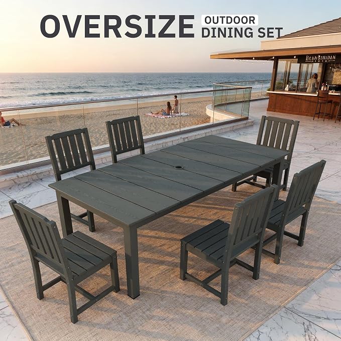 AreShark 7-Piece Outdoor Dining Set,HDPE Patio Table with 6 Armless Chairs,All-Weather Patio Furniture Set with Umbrella Hole,Low Maintenance Wood Grain Dining Set for Backyard,Garden,Poolside,Black