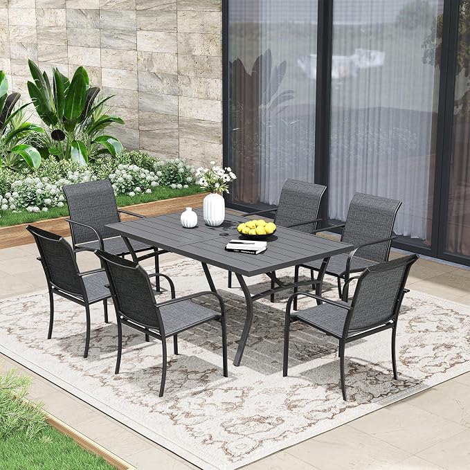 7 Pieces Patio Dining Set, 63" Rectangular Dining Table with Umbrella Hole, 6 Stackable Textilene Fabric Chairs, Metal Structure for Patio, Porch, Garden(Grey Table, Grey Chair)