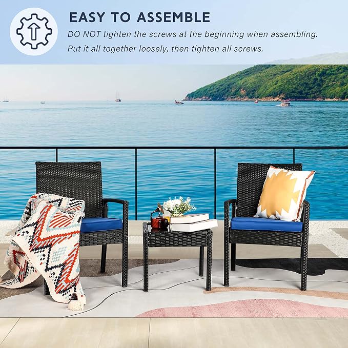3PCS PE Rattan Patio Conversation Set, Outdoor Patio Furniture Sets | Thick Polyester Cushions, Tempered Coffee Table, Steel Frame Holds 330 LBS for Backyard Lawn Porch Poolside Balcony, Blue