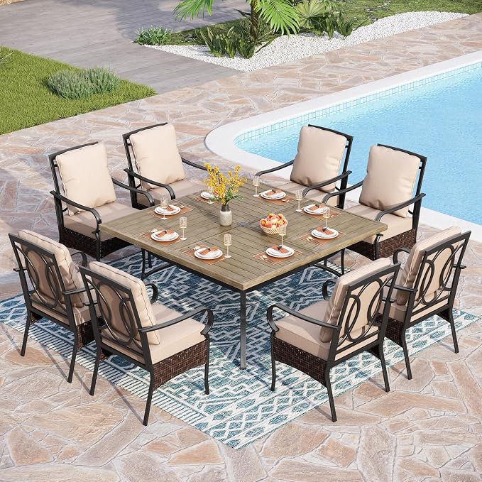 PHI VILLA 9 PCS Outdoor Dining Sets, 57.5” All-Weather Patio Table and Chairs Set for 8, Heavy Duty Patio Table Set Square for Deck, 8 Extra Large Outdoor Stationary Dining Chairs with Thick Cushions