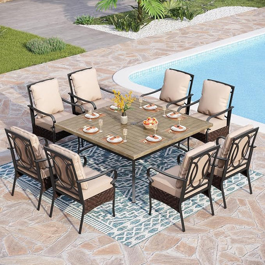 PHI VILLA 9 PCS Outdoor Dining Sets, 57.5” All-Weather Patio Table and Chairs Set for 8, Heavy Duty Patio Table Set Square for Deck, 8 Extra Large Outdoor Stationary Dining Chairs with Thick Cushions