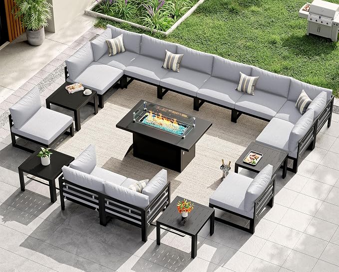 NICESOUL 17 Piece Oversized Aluminum Outdoor Patio Furniture Set with Fire Pit Table & Coffee Table, 29" Wide Deep Sectional Sofa, 500 lbs Heavy Duty Comfortable Conversation Set for Deck, Light Gray