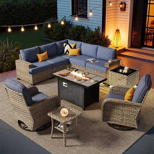 HOOOWOOO Sectional Patio Furniture Set With Fire Pit Table,10 Pieces Wicker Outdoor Furniture L Shaped Couch,Outside Conversation Set Extra Deep Seat Sofa Wide Arm Swivel Chairs Solar Table,Denim Blue