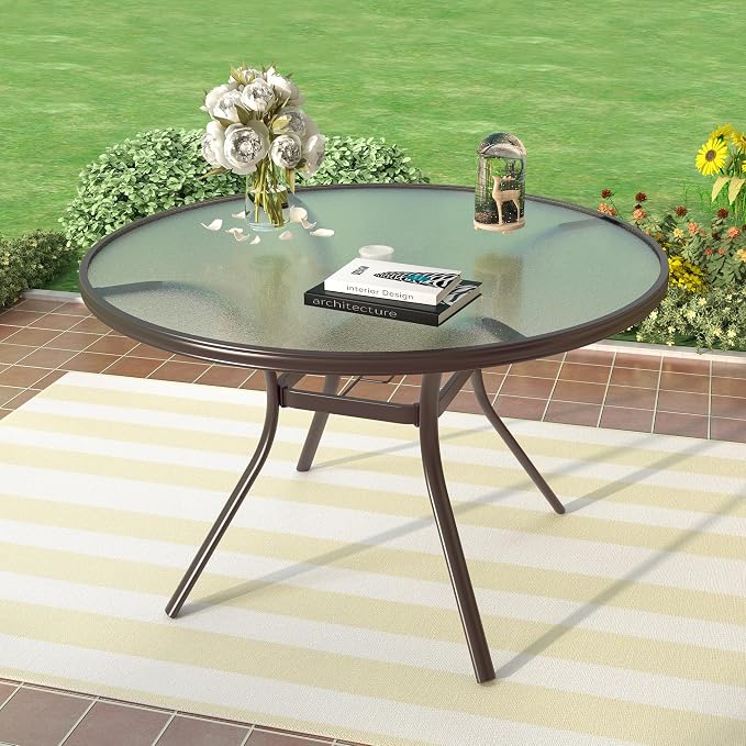Glass Dining Table, 40" Outdoor Round Patio Table with Steel Base & 1.7" Umbrella Hole, Brown Frame