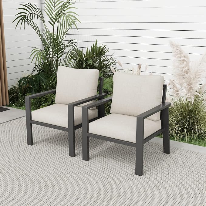 Outdoor Sofa Chair Aluminum Patio Couch Set of 2 All-Weather Patio Sofa Armchair Furniture Set Chairs with Beige Cushions