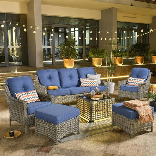 ovios 6 Piece Outdoor Patio Furniture with 3 Seat Sofa,Rattan Wicker Coversation Set with High Back,Sectional Single Sofa with Ottoman for Outside Porch Balcony Backyard Pool, Blue