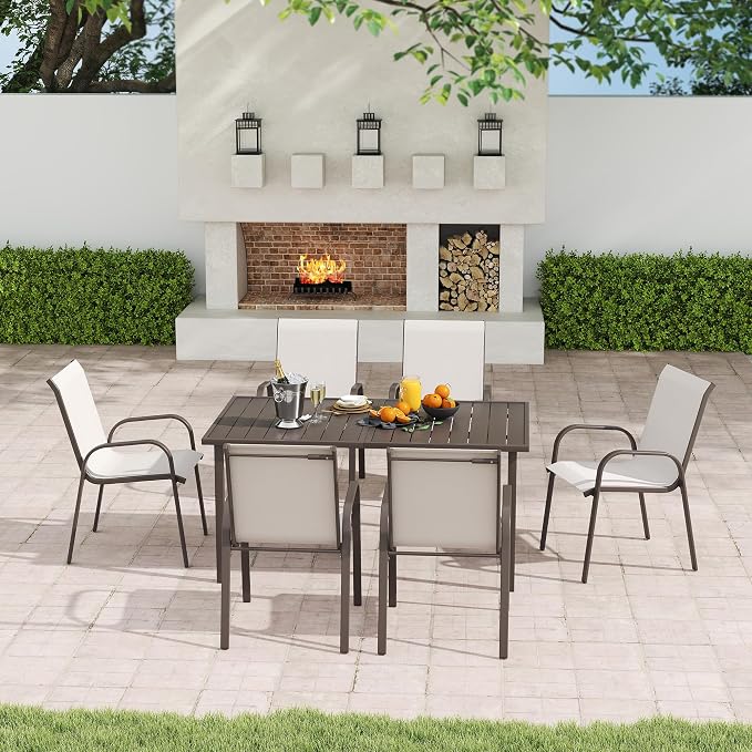 Outdoor Dining Set for 6, Patio Dining Set with Textilene Dining Chairs， Metal Dining Table with Umbrella Hole, Stackable Outdoor Chairs for Garden, Patio, Poolside and Backyard, Grey