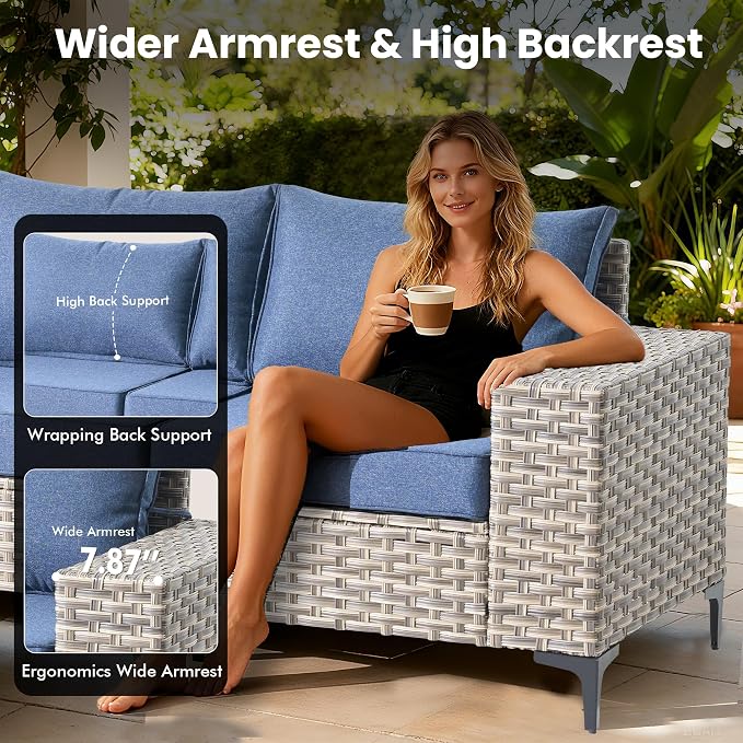 Patio Furniture Set, 5 Pieces Outdoor Wicker Conversation Sets with Coffee Table Outdoor Sectional Sofa for Balcony Backyard Poolside Garden Lawn (Blue)