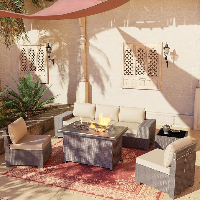 7 PCS Outdoor Patio Furniture Set,Outdoor Sectional Furniture with 43" 55000 BTU Gas Propane Fire Pit Table,All Weather PE Rattan Wicker Patio Conversation Set,Sand
