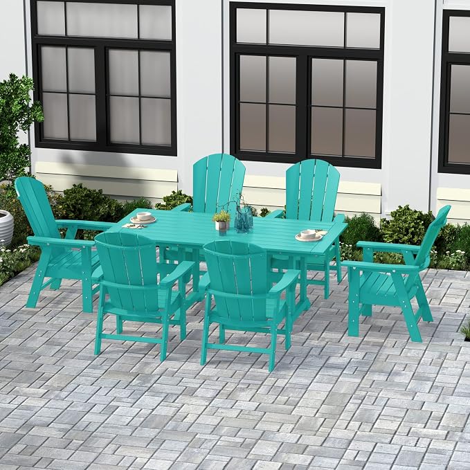 WestinTrends Malibu 7 Piece Adirondack Outdoor Dining Set, All Weather Poly Lumber Patio Table and Chairs Furniture Set, 71" Trestle Dining Table and 6 Adirondack Dining Chair, Turquoise
