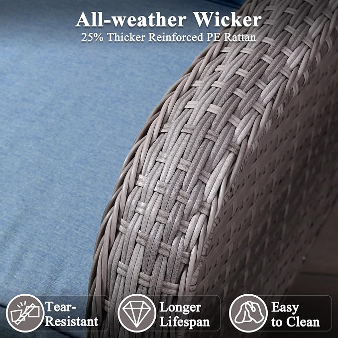 3 Piece Patio Furniture Set with Swivel Rocking Chairs, Outdoor Wicker Conversation Set with 4" Cushions, Glass Side Table, PE Rattan and Rust-Resistant Frame, Navy