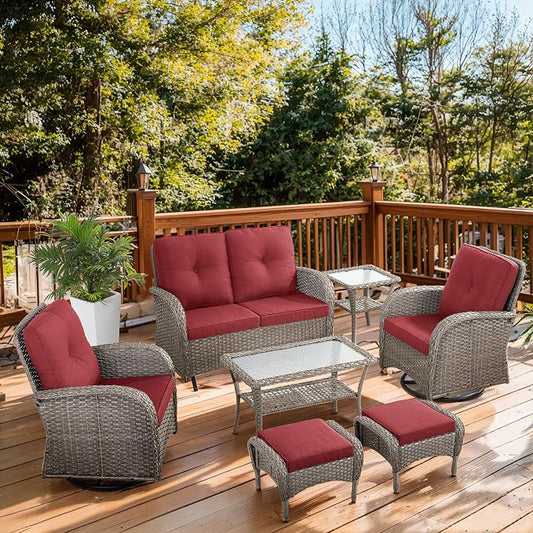 7 Piece Patio Furniture Set - Wicker Patio Conversation Set with Swivel Glider, Glider Loveseat, Tempered Glass Side Table and 2 Ottomans for Deck Backyard - Grey Wicker Red Cushion
