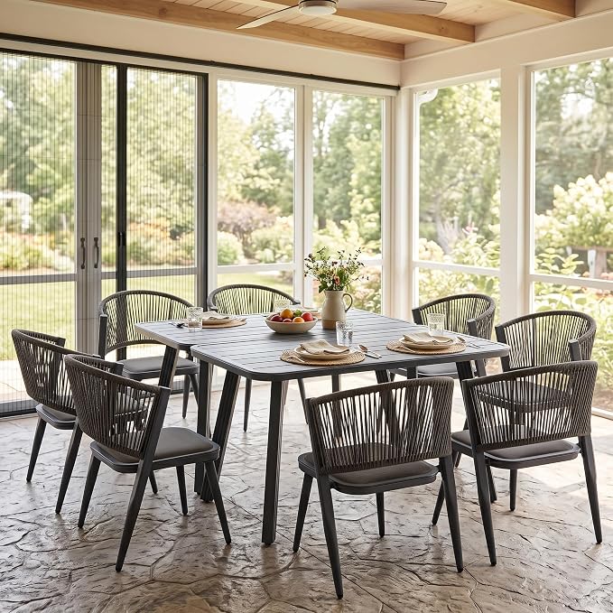 10-Pcs Aluminum Square Outdoor Dining Set, All-Weather Rattan Patio Furniture Set Include Two 51.2" Rectangular Tables & 8 PE Wicker Chairs with Waterproof Cushions for Garden Deck BBQ & Party (Grey)