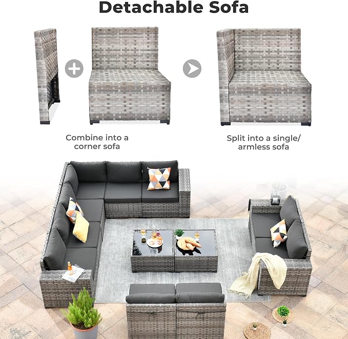 ovios 12 Pieces Patio Furniture Set, Outdoor Wicker Sectional Sofa with Coffee Table Comfy Cushions, Modern Modular Deep Seat Couch Rattan Conversation Set, Black