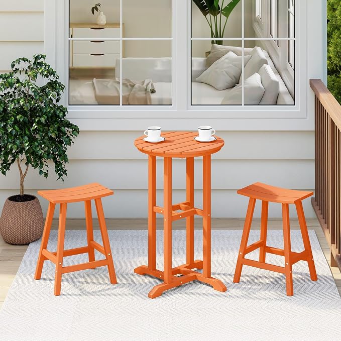 Costaelm Outdoor Bar Table, 37" Counter Height Round Patio Cocktail Bar Table, Patio Bar Table 3-Pieces Set Bistro Dining Table Pub Table for Deck, Backyard, Garden, Orange
