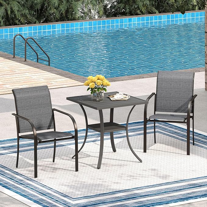 VICLLAX Small Patio Dining Table, 28"x 28" Square Metal Slatted Table with Storage Shelf for Front Porch Deck Lawn Garden, No Umbrella Hole, Dark Grey Tabletop