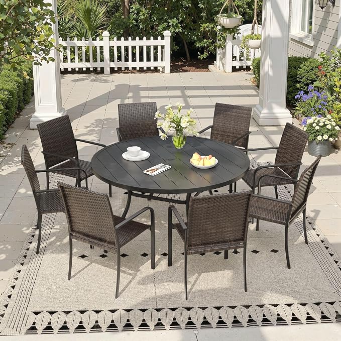 Outdoor Dining Set for 8, 53" Metal Round Outdoor Dining Table with Umbrella Hole and Wicker Stackable Patio Chairs, 9 Pieces Patio Table and Chairs Set for Garden Backyard, Black