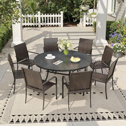 Outdoor Dining Set for 8, 53" Metal Round Outdoor Dining Table with Umbrella Hole and Wicker Stackable Patio Chairs, 9 Pieces Patio Table and Chairs Set for Garden Backyard, Black
