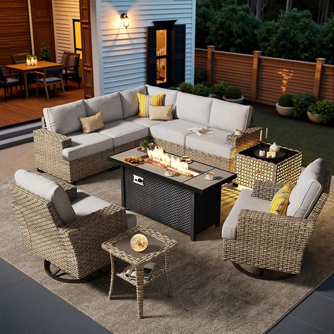 HOOOWOOO Sectional Patio Furniture Set with Fire Pit Table,10 Pieces Wicker Outdoor Furniture L Shaped Couch,Outside Conversation Set Extra Deep Seat Sofa Wide Arm Swivel Chairs Solar Table,Gray