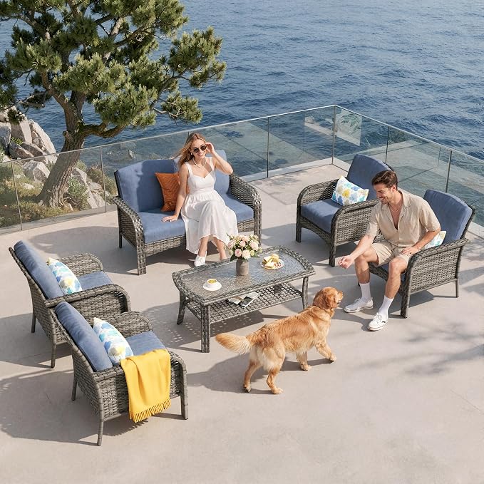 6-Piece Patio Furniture Set, Outdoor Wicker Furniture with Coffee Table, All Weather High Back Loveseat Patio Chairs, Modern Rattan Outdoor Chairs Conversation Set for Porch, Garden,Denim Blue