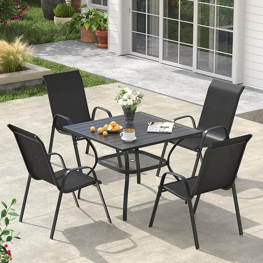 VICLLAX Square Patio Dining Set for 4, Metal Slatted Patio Table with Umbrella Hole and Stackable Patio Chairs for Deck Lawn Garden, Black Fabric and Black Tabletop