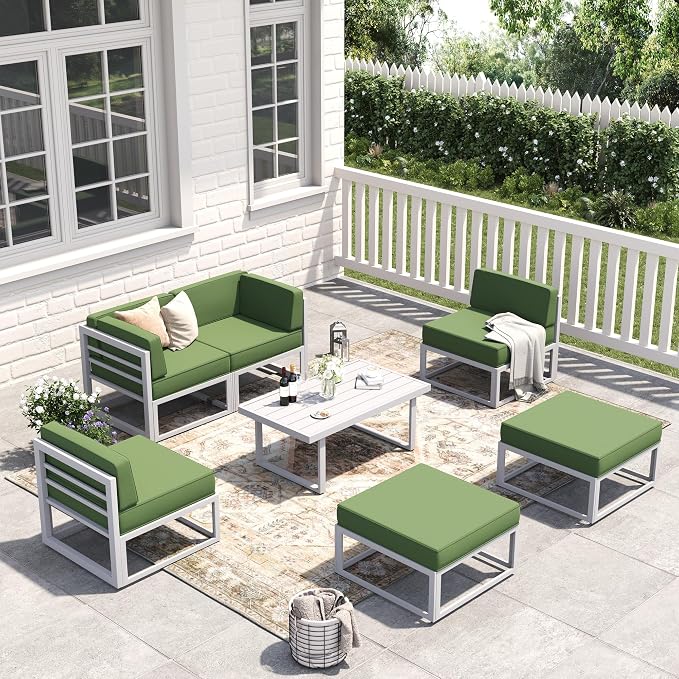 7 Piece Aluminum Patio Furniture Set with Waterproof Cover & 5" Thick Cushions, Aluminum Outdoor Sectional Conversation Set with Coffee Table Ottoman for Porch, Backyard(Light Grey/Green)