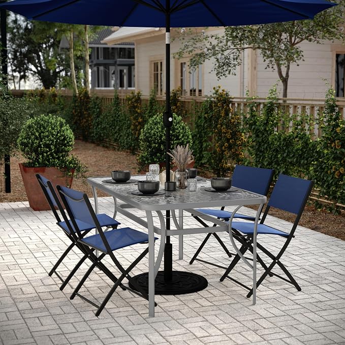 Flash Furniture Tory Rectangle Patio Table with Umbrella Hole, Commercial All-Weather Table with Heat Resistant Tempered Glass, Steel Tube Frame, 35x 59, Silver