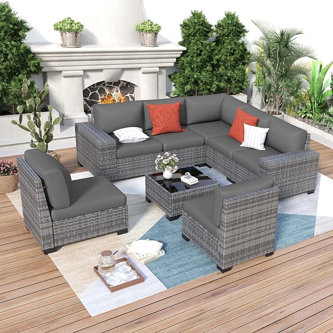 Outdoor Patio Furniture Set, 8‘’ Wide armrest Outdoor Sectional Rattan Sofa Set, Wicker Patio Furniture Sets w/Coffee Table,Thick Cushions and Cover for Porch, Balcony,Deck,8 PCS(Grey&Grey)